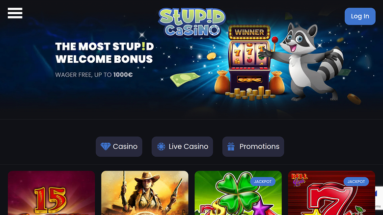 A casino homepage hero banner promotes a welcome bonus with a cartoon raccoon beside a slot machine, above three category buttons and a row of game tiles.