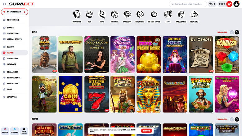 A Supabet online casino lobby page showing a top game grid, a new games row and a promotional banner.