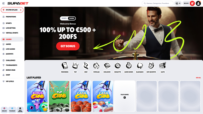 A SupaBet casino homepage showing a welcome bonus hero banner, a left sidebar menu, a category icon row and a Last Played game section.