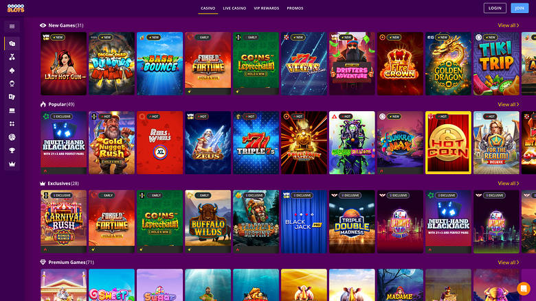 An online casino lobby screen showing rows of game tiles under New Games, Popular, Exclusives and Premium Games headings.