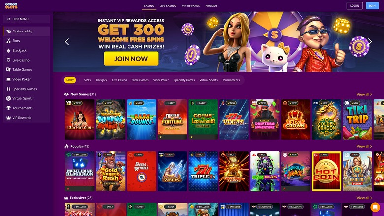 An online casino lobby screen showing a welcome bonus hero banner, a left sidebar menu, category tabs and rows of game tiles.