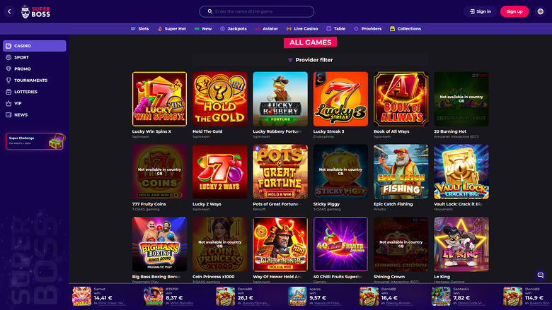 An online casino lobby page showing a grid of game tiles under an 'ALL GAMES' heading with a left sidebar menu and a top navigation bar.
