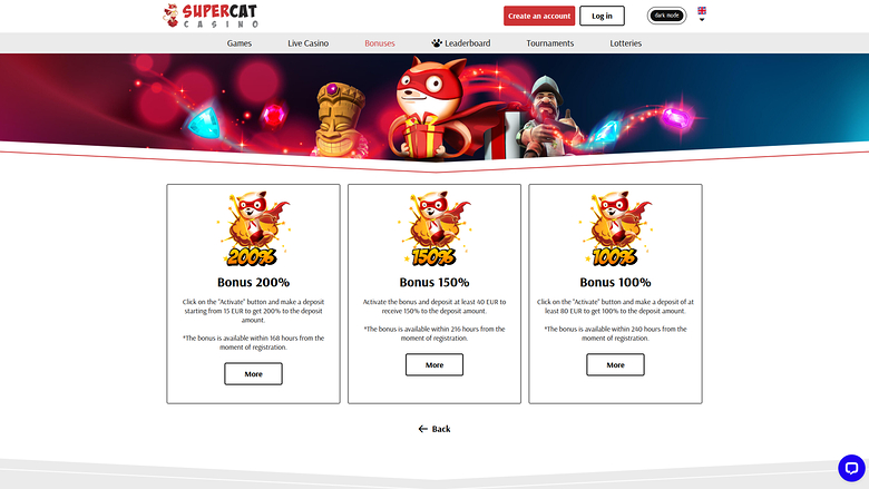 SuperCat Casino — Bonus page