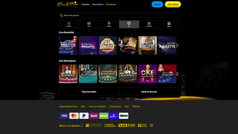Swanky Bingo — Live dealer lobby