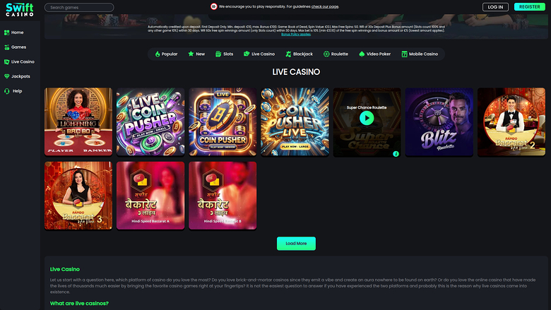 Swift Casino — Live dealer lobby