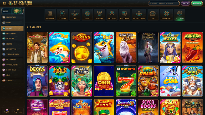An online casino lobby screen for Talismania showing an 'All Games' grid of game tiles with a left sidebar and top navigation.