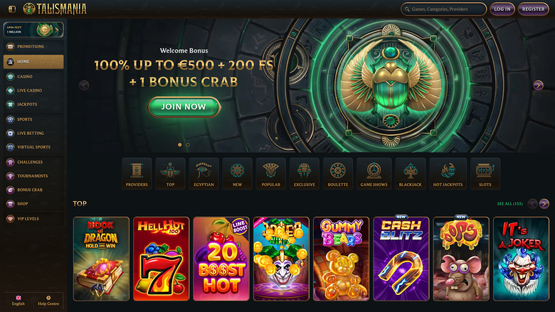 A casino homepage for Talismania showing a welcome bonus hero banner, a row of game category icons and a 'TOP' row of game tiles.