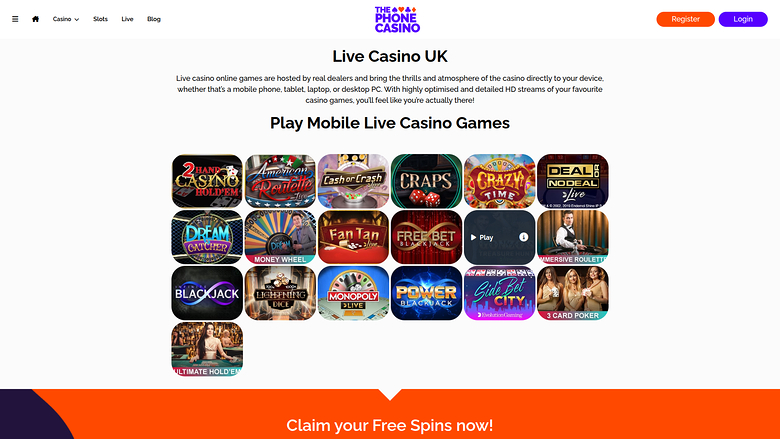 The Phone Casino — Live dealer lobby