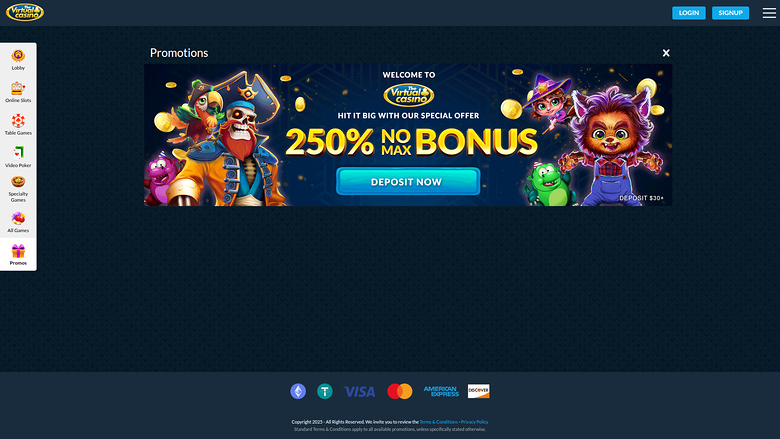 The Virtual Casino — Promotions page