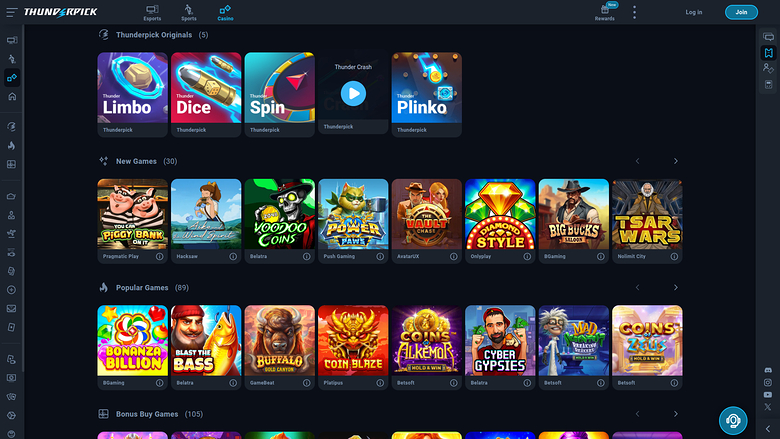 A casino lobby screen on a dark background showing horizontally scrolling rows of game tiles under Thunderpick Originals, New Games, Popular Games and Bonus Buy