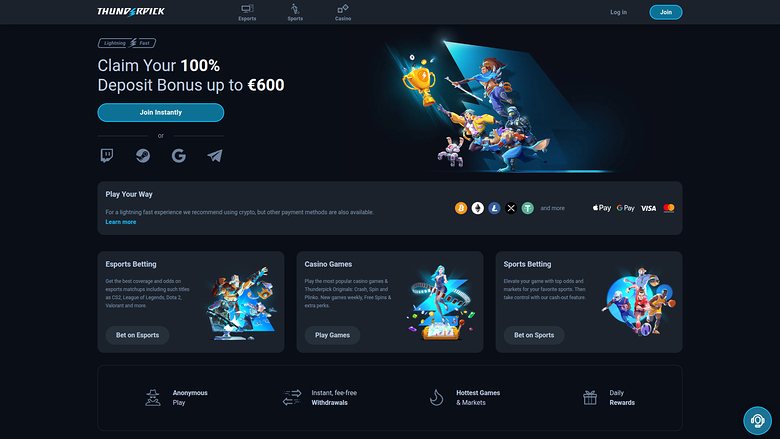 A dark-themed online casino homepage promoting a 100% deposit bonus up to €600 with esports, casino and sports betting sections.