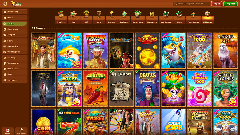 An online casino lobby screen showing an 'All Games' grid of game tiles with a left sidebar menu and top navigation tabs.