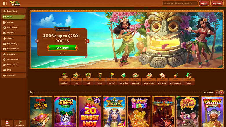 A Tiki Tiki Casino lobby page showing a tropical-themed welcome bonus banner above a row of game category icons and a 'Top' row of game tiles.