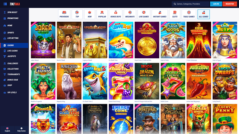 An online casino lobby screen showing a grid of game tiles under a category menu with a left sidebar of account sections.