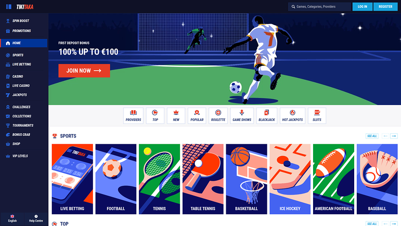 A TMTAMA online casino homepage showing a first deposit bonus hero banner and a sports betting category row.