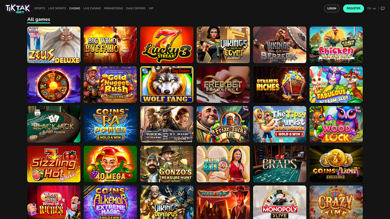 An online casino lobby page showing a grid of game tiles under an 'All games' heading.