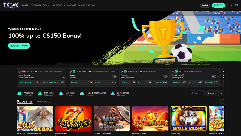 A sportsbook homepage for TikTak Bet showing a welcome bonus hero banner, a row of live betting odds, and a grid of slot game tiles.