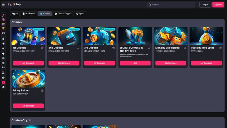 Tip Top Casino — Promotions page