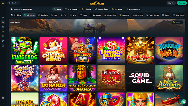 An online casino lobby page showing a grid of game tiles under an 'All Games' heading with a welcome message and top navigation.