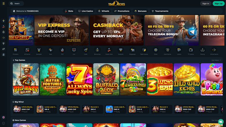 An online casino lobby homepage for Time2Riches showing promotional banners, a game category menu and rows of game tiles.