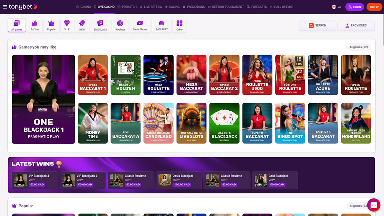 TonyBet Casino — Live dealer lobby