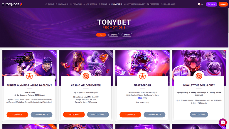 TonyBet Casino — Promotions page