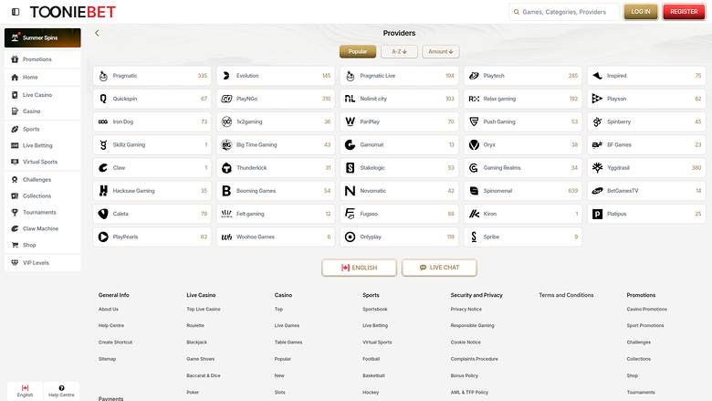 ToonieBet Casino — Games by studio