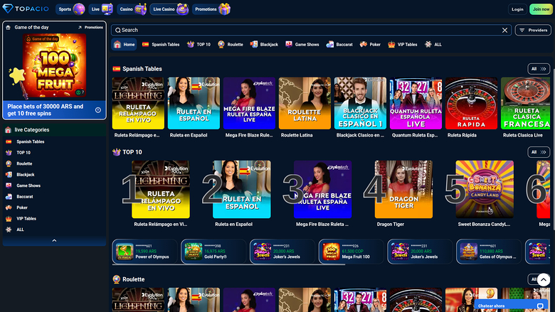 Topacio Casino — Live dealer lobby