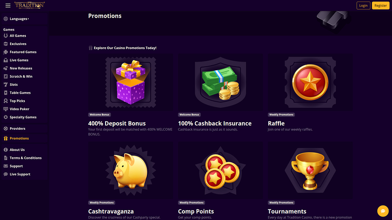 Tradition Casino — Promotions page