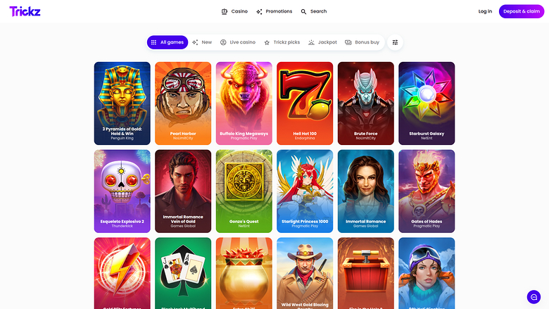 An online casino lobby page titled Trickz showing a grid of game tiles beneath a category menu.