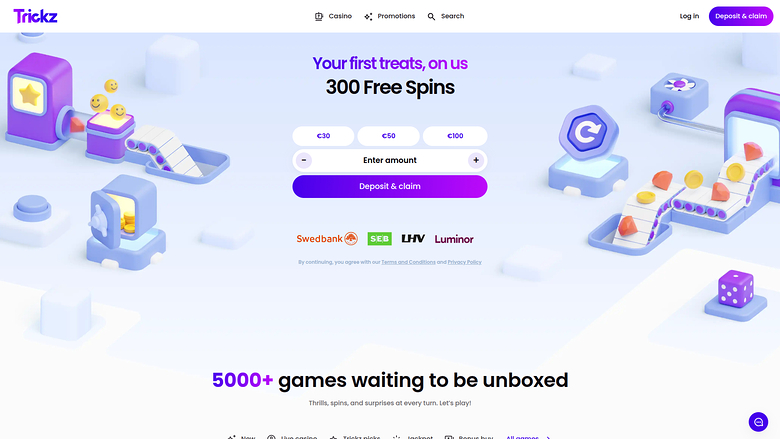 A casino landing page promoting 300 free spins with a deposit and claim form, followed by a games section headline.