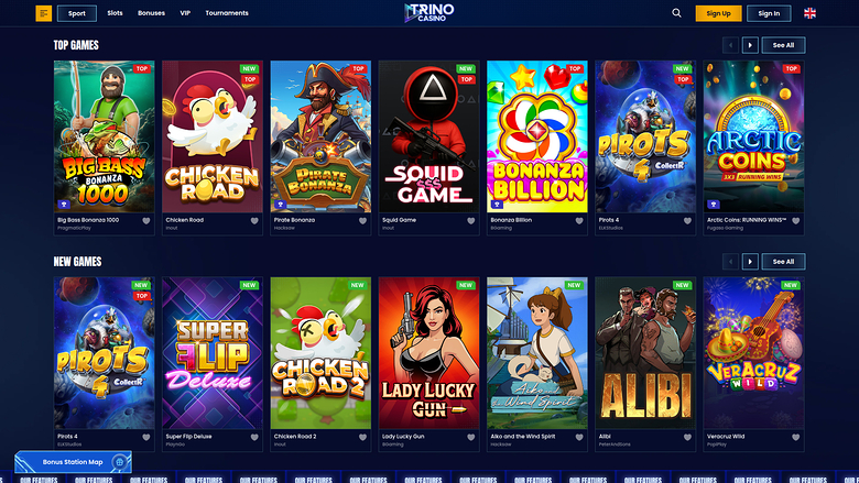 A casino lobby screen on the Trino Casino site showing Top Games and New Games rows of game tiles.