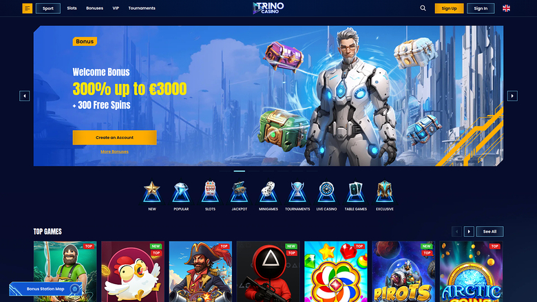 {"summary":"A casino homepage showing a welcome bonus hero banner, category icons and a Top Games row of game tiles.","colours":"Deep navy background with brigh