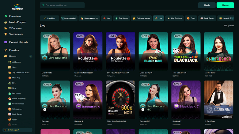 Trip2Vip Casino — Live dealer lobby