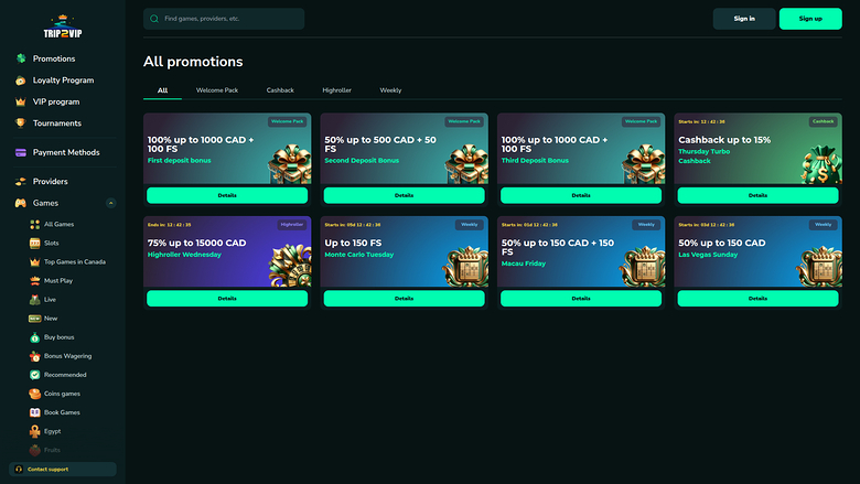 Trip2Vip Casino — Promotions page