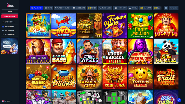 A casino lobby screen showing a grid of game tiles with a left sidebar menu and a top category bar.