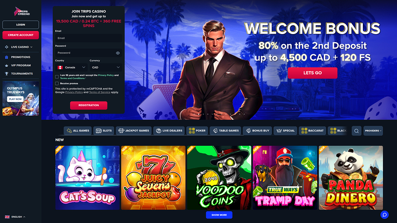A casino homepage showing a registration panel, a welcome bonus hero banner and a row of game tiles under a category menu.