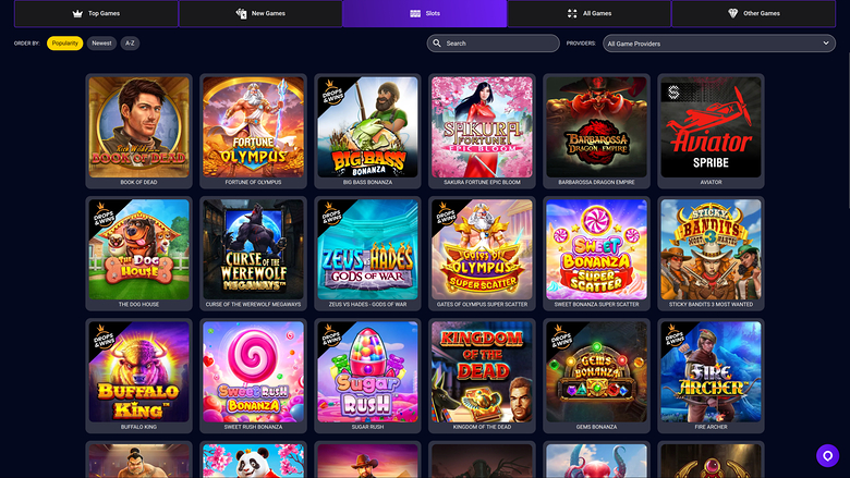 A casino lobby screen showing a grid of game tiles under a top navigation bar with a search field and provider filter.