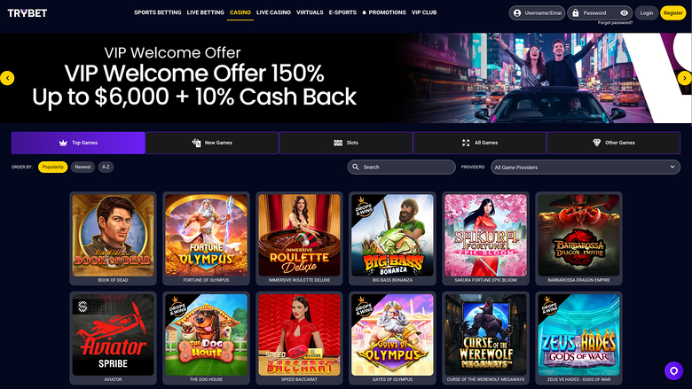 A TRYBET online casino lobby page showing a VIP Welcome Offer banner and a grid of game tiles under category tabs.