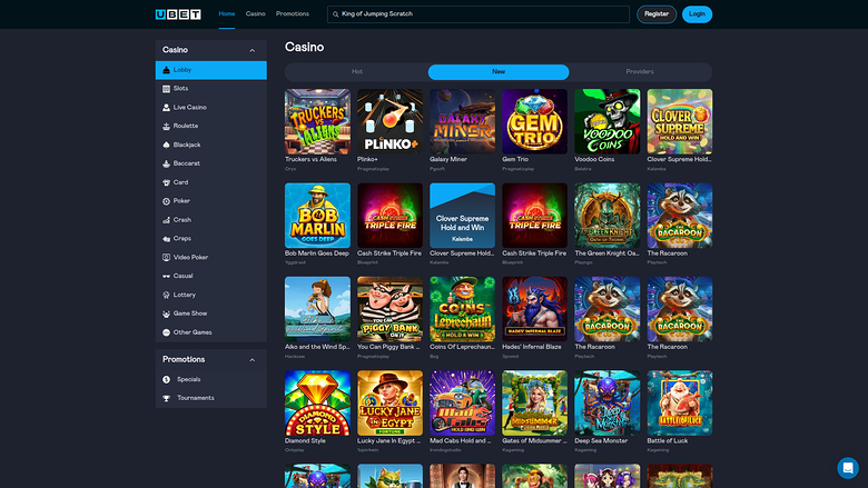 An online casino lobby screen showing a grid of game tiles under a Casino heading with a left sidebar of categories.