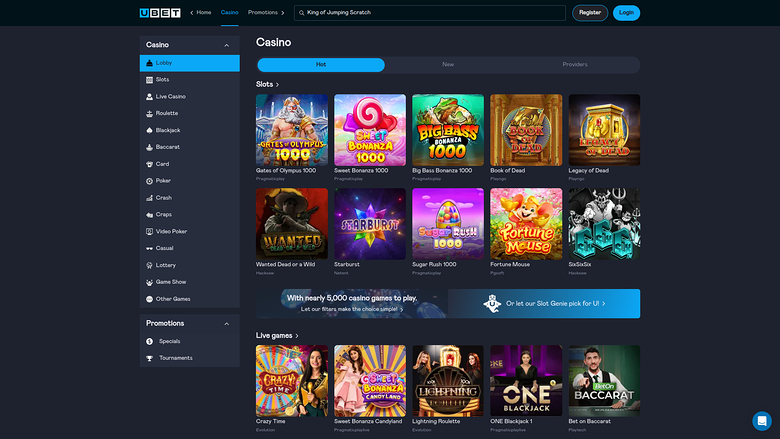 A casino lobby screen showing a left sidebar menu, a top navigation bar with a search field and login buttons, and game tiles under Slots and Live games section