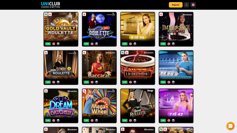 Uniclub — Live dealer lobby