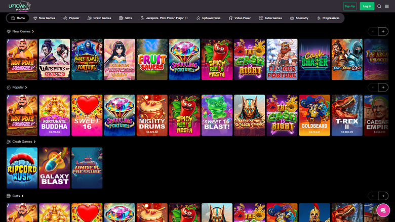 An online casino lobby screen showing horizontally scrolling rows of game tiles under category headings.