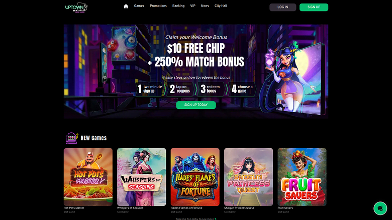 An online casino homepage showing a welcome bonus hero banner and a row of new game tiles.