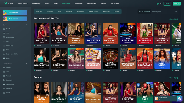 Vave Casino — Live dealer lobby