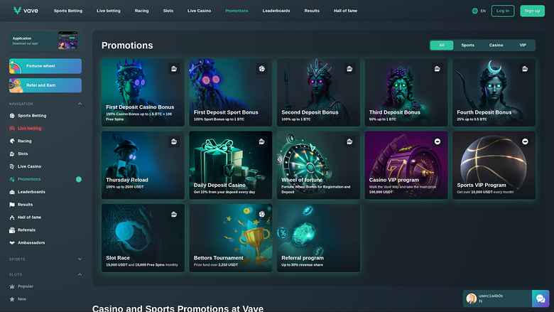 Vave Casino — Promotions page