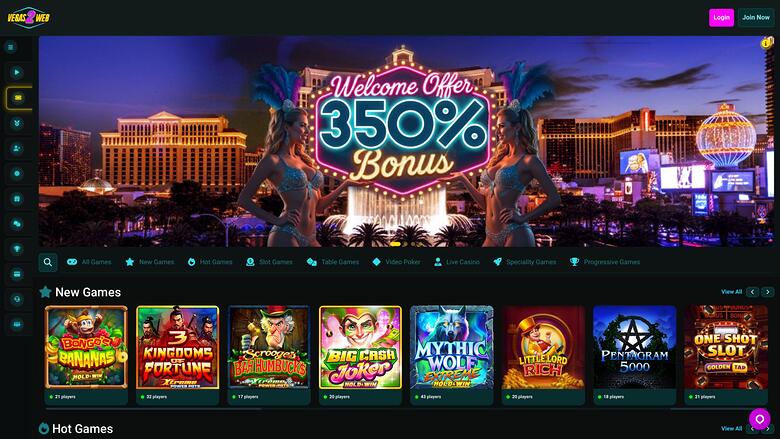 An online casino lobby screen showing a 'Welcome Offer 350% Bonus' hero banner above a row of game tiles under a 'New Games' heading.
