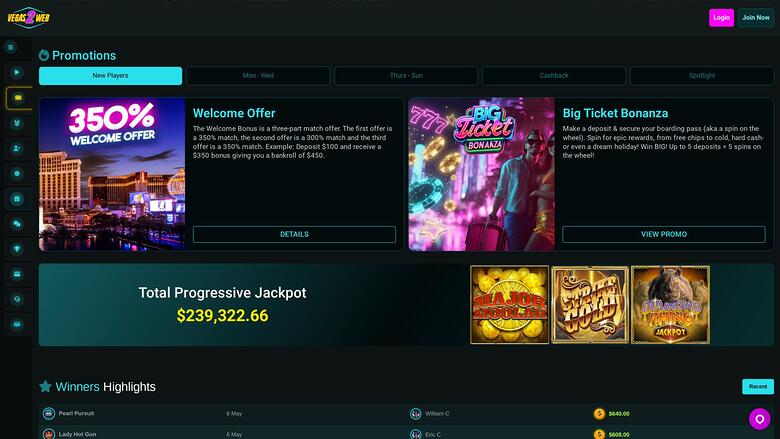 A casino promotions page showing a welcome offer, a Big Ticket Bonanza promo, a progressive jackpot total and a winners list.