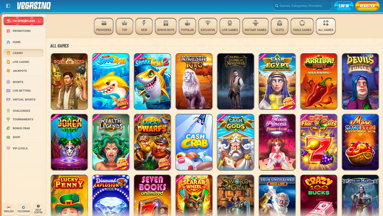 An online casino lobby page showing a grid of game tiles under an 'All Games' heading with a left sidebar menu and top navigation bar.