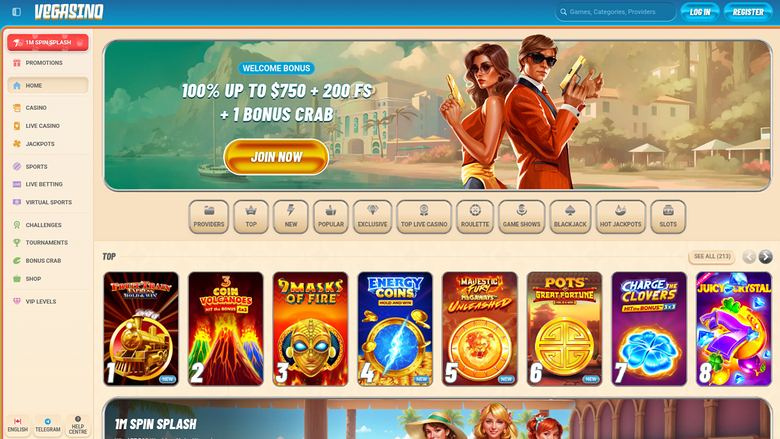 A casino lobby screen for Vegasino showing a welcome bonus hero banner and a row of numbered game tiles.